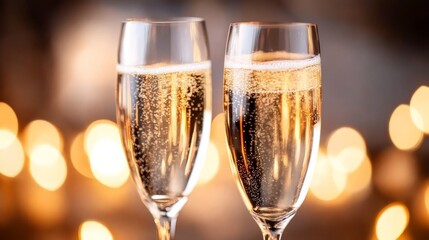  Two champagne glasses nestled together on a table, backdrop of bottlegreen lights