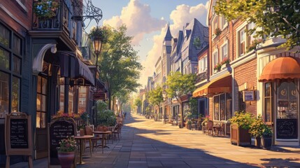 Fototapeta premium A quaint city street in the early morning, lined with charming cafes and historic buildings