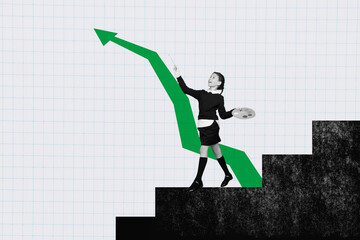 Composite trend artwork 3D image photo collage of huge arrow show way point direction young school...