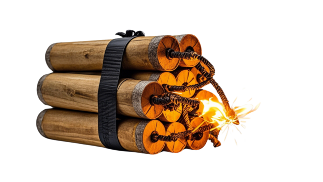 Set Of Dynamite Stick Bundle with Burning Fuse, Isolated On Transparent Background.....