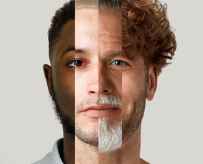 Collage with different male faces, representing different ages and ethnic backgrounds. Beauty in...