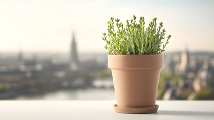 Potted plant against a blurred cityscape backdrop