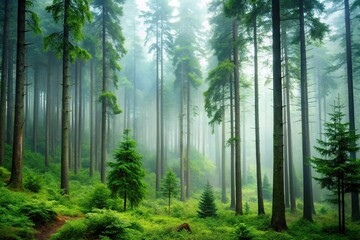 Fototapeta premium Dense foliage and towering trees in a misty forest environment, forest canopy, greenery, forest floor, wilderness