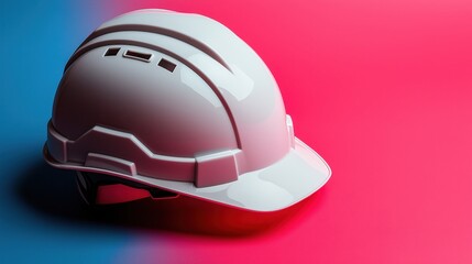 White safety construction helmet on a vibrant blue and red background emphasizing contrast and design elements.