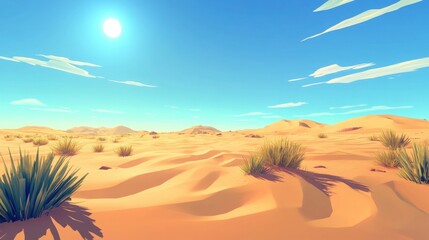 A vast, open desert under a blazing sun, with rolling dunes and minimal vegetation