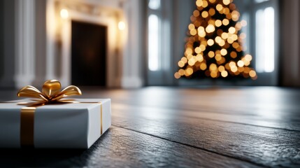  A white present box, topped with a golden bow, rests upon a weathered wooden floor In close proximity lies a radiant Christmas tree, adorned with twinkling