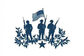 Logo, vector design of silhouette in blue with white stars on the bottom and olive green leaves at the top. Generative ai