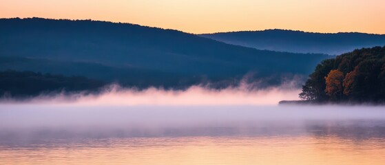 Obraz premium A serene landscape featuring mist over a tranquil lake, surrounded by rolling hills at sunrise, creating a peaceful and atmospheric scene.