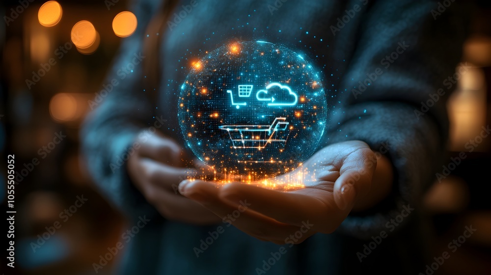 Poster hands holding a digital glowing sphere or orb,symbolizing the future of technology,innovation,and th