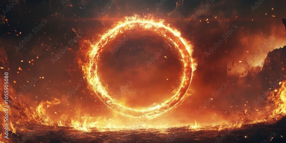 Poster a glowing ring of fire, creating a fiery border with sparks and flames. this intense circle of light