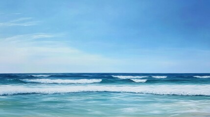 Obraz premium The open ocean under a clear sky, with gentle waves and deep blue waters stretching to the horizon