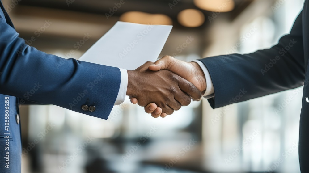 Poster two men shaking hands with a white piece of paper in between them