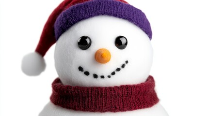 Fototapeta premium A tight shot of a snowman dressed in a red and purple scarf, and a hat featuring purple and white knit patterns