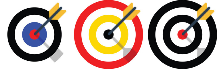 Archery target collection with arrow. Sight Crosshairs Bullseye dartboard icon. Business target destination icon. Arrow Target aiming in blue, red, Black and yellow. 