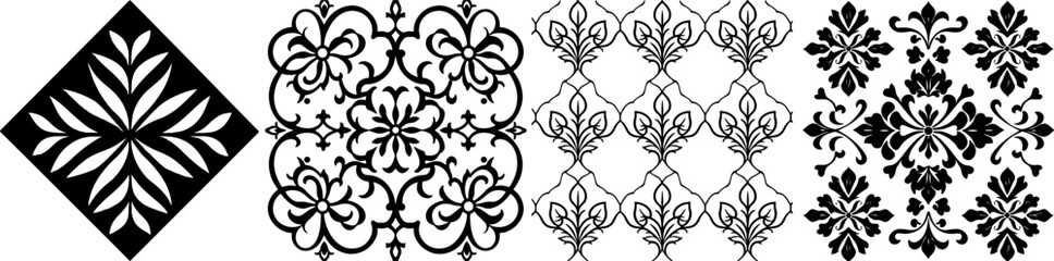 Fototapeta premium Intricate geometric patterns with floral motifs in contrasting colors, creating a visually striking design element.
