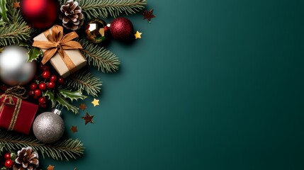 pine cones, balls, and a gift box with a bow