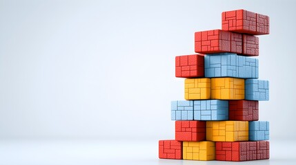 Stacked colorful building blocks on a minimalist background