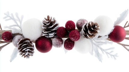  A branch adorned with pine cones and raspberries, decorated with white and red ornaments