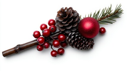  A pine cone, a red ornament, and another pine cone are arranged on a white surface