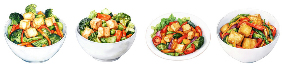 A variety of colorful salads in white bowls, showcasing fresh vegetables and vibrant ingredients against a transparent background.