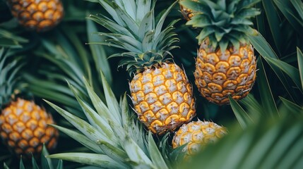 Obraz premium Close-up of ripe pineapples growing in a tropical field