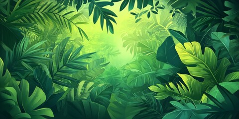 A lush green tropical forest with leaves in the background.