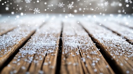Fototapeta premium A wooden table, snow-covered, sits atop a frozen ground Snowflakes cascade onto it from above
