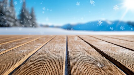  A wooden deck beneath soft snowflakes, above, a clear blue sky dusted with them