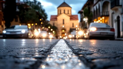 Fototapeta premium cars line edges, building opposite