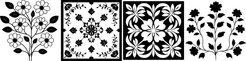 A collection of intricate, abstract patterns featuring stylized trees and floral designs in a monochromatic style.