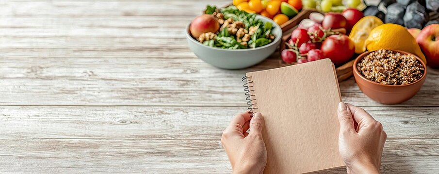 Hands holding a 2024 goals notebook in gym, healthy meal prep in background, bold text, a powerful commitment to health and fitness