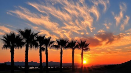  A sunset featuring palm trees in the foreground and a mountain with clouds in the distance