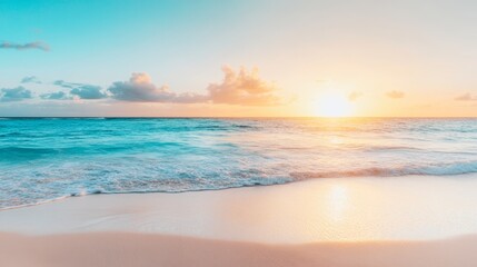  The sun sets over the ocean, waves crash onto the sandy beach, and a boat is visible in the distance