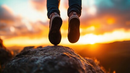 Adventurous hiker silhouetted against a breathtaking sunset over a rugged mountain landscape captured in a moment of exhilarating leap and triumph