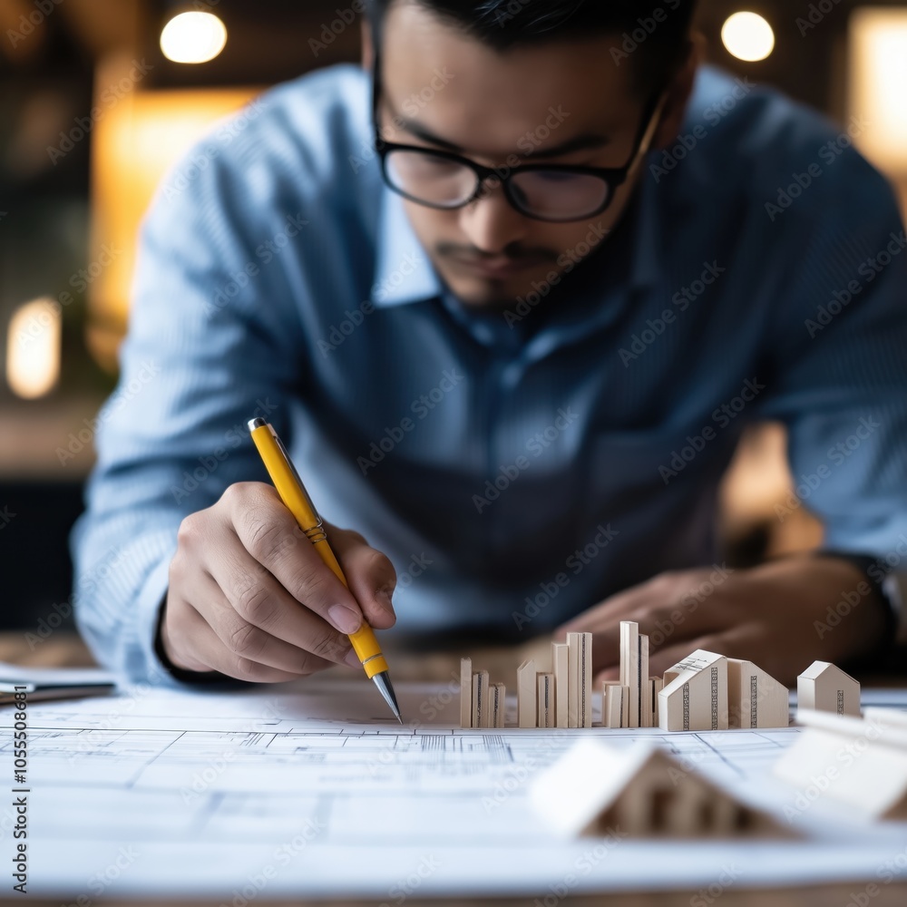 Poster architect carefully drafting blueprints and diagrams for the construction and development of a resid