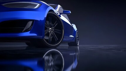 Naklejka premium A blue sports car's front end reflects on a shiny surface, its mirrored image visible on the floor beneath it