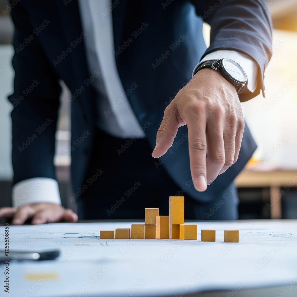 Poster business professional in suit analyzing financial growth chart bar graph and data on office desk con