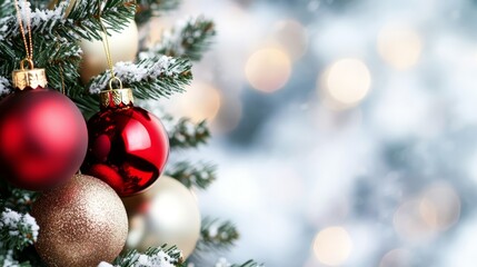 Obraz premium A tight shot of a Christmas tree, adorned with red and golden baubles suspending from its branches