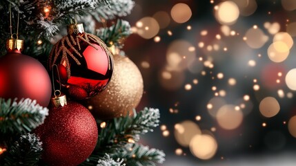 Obraz premium A tight shot of a Christmas tree, adorned with red and golden baubles, against a softly blurred backdrop of twinkling lights