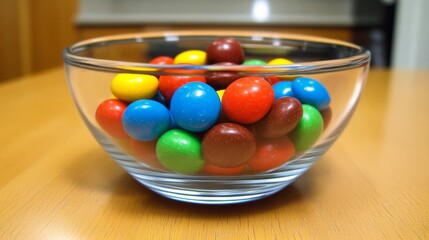  A glass bowl brimming with various candies sits atop a wooden table, surrounded by open space In the backdrop, a microwave oven is present
