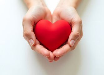 Fototapeta premium The man's hands are holding a red heart on a white background. Healthcare, medicine, donation, heart problems.