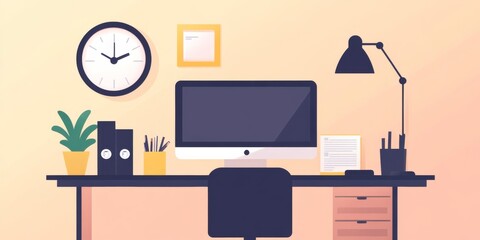 A modern workspace with a desk, computer, files, coffee, and reminders. It's organized and has a lamp and plant for a cozy feel. A clock and picture on the wall complete the scene.