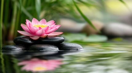  A pink water lily atop black rocks, amidst a body of water