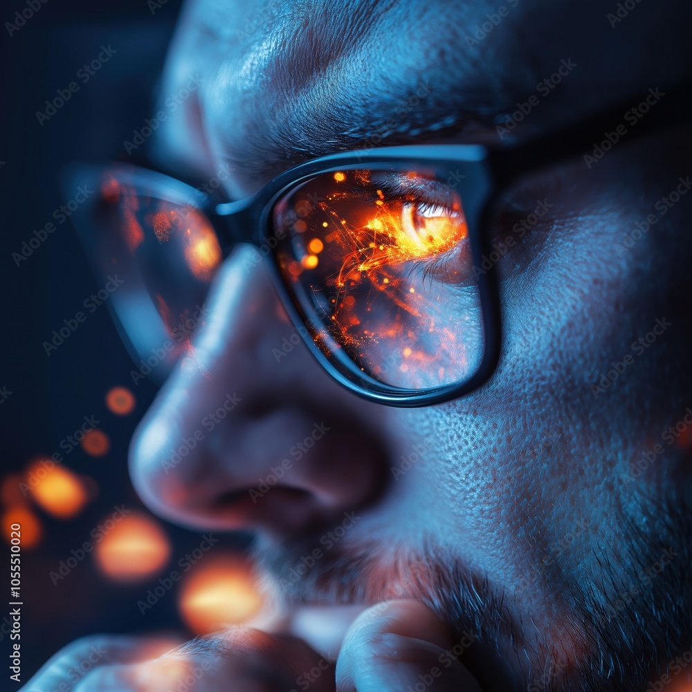 Poster fiery explosion of illuminated eyeglasses reflecting striking futuristic technology abstract dramati