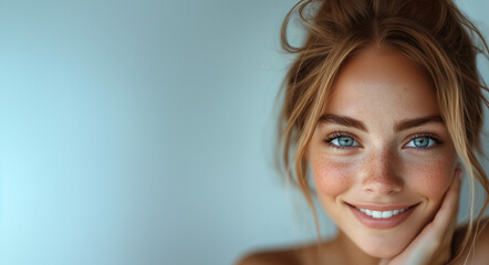 A smiling young woman showcasing her radiant skin, with extensive copy space for your advertisement
