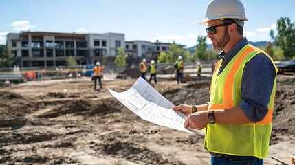 An architect stands on a construction site wearing a hard hat and safety vest, reviewing building plans with workers in the background