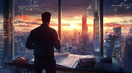 Fototapeta premium An architect looking out of a high-rise office window, with a cityscape in the background, holding a set of blueprints and appearing deep in thought