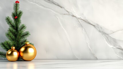  A Christmas tree displays two golden baubles in front of a marbled wall One red bauble dangles from the wall
