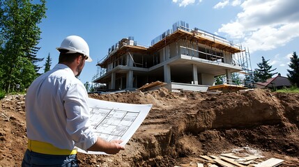 An architect and an engineer working together on a construction site, analyzing a project plan with the partially built structure in the background