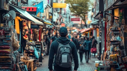 Fototapeta premium Man with backpack walks through a bustling market.